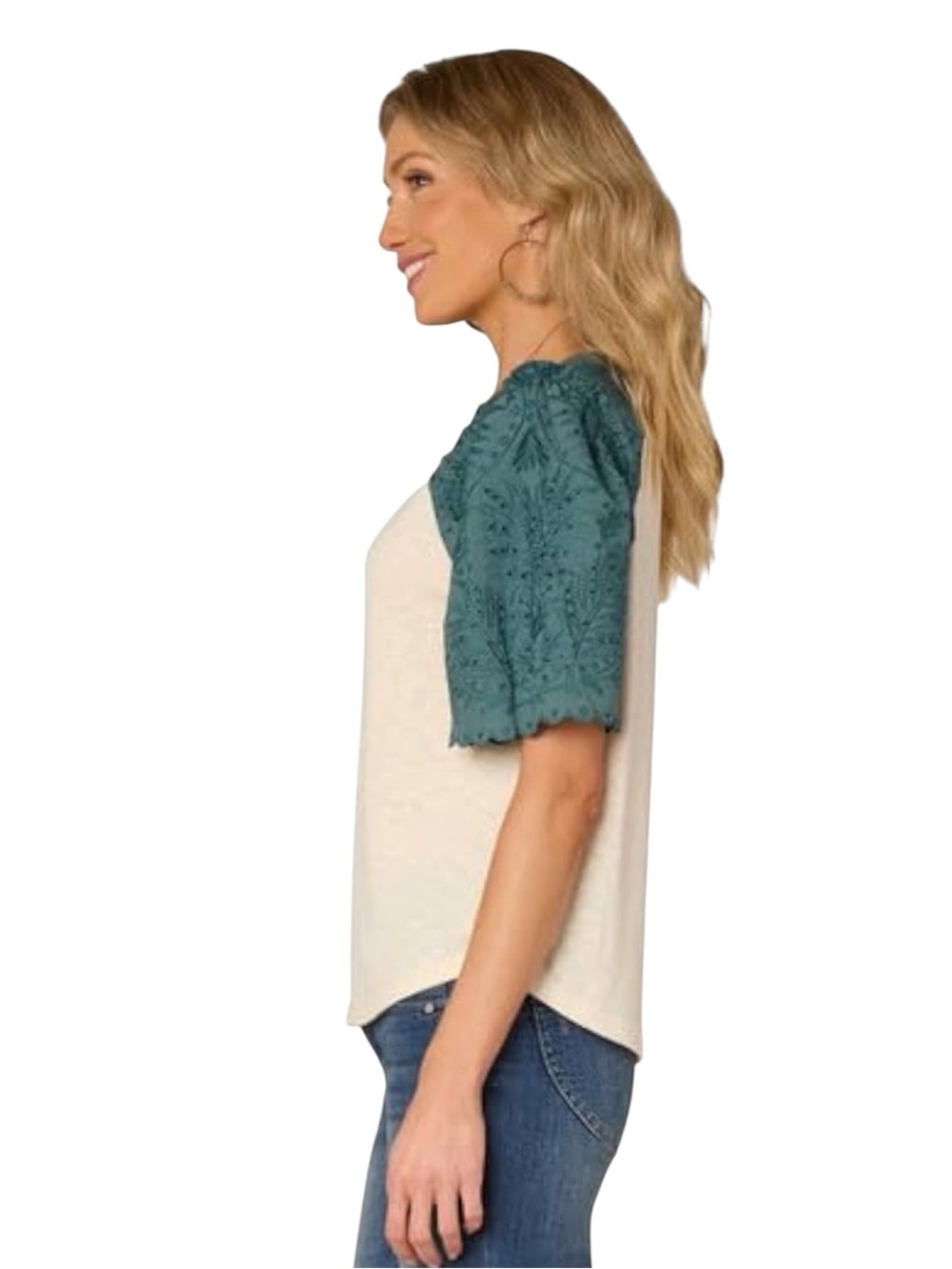 NWT Democracy Embroidered Eyelet Puff Raglan Sleeve Top Large Green Cream - Picture 2 of 8